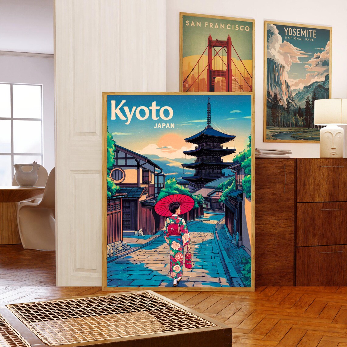 Kyoto Japan Pagoda Geisha Kimono Umbrella Sunset Retro Travel Poster - Image 5