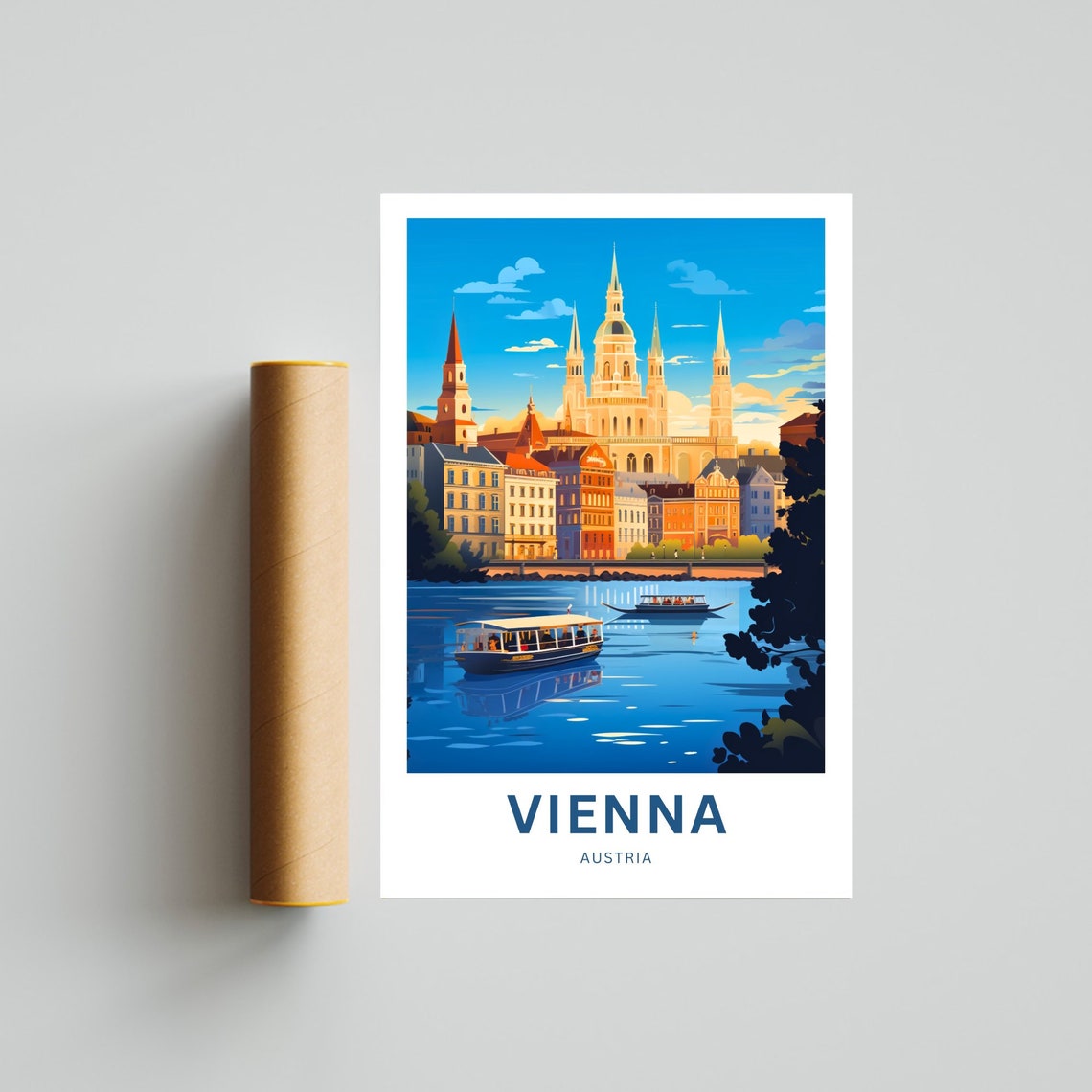 Vienna Austria Riverside Boats Cathedral Skyline Sunset Poster - Image 4