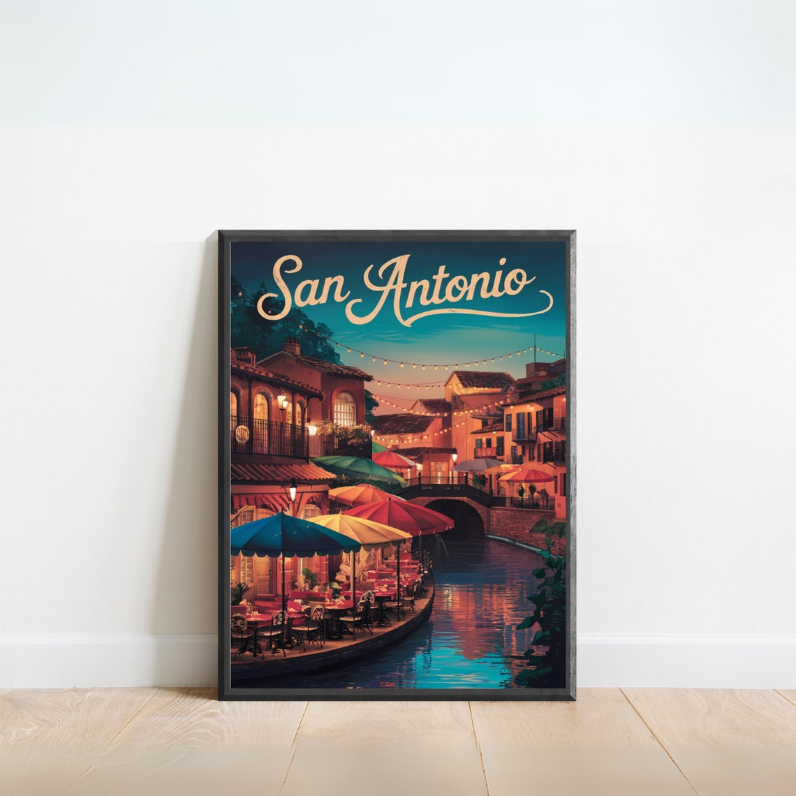 San Antonio Texas Vintage Night River Walk Cafe Travel Poster