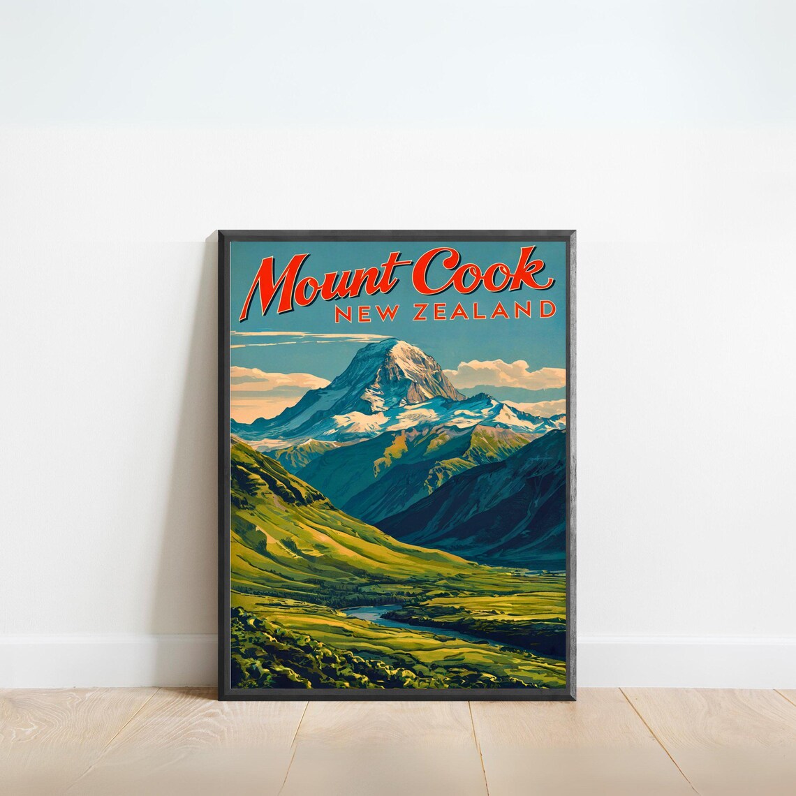 Mount Cook New Zealand Retro Alpine Valley Peak Travel Poster