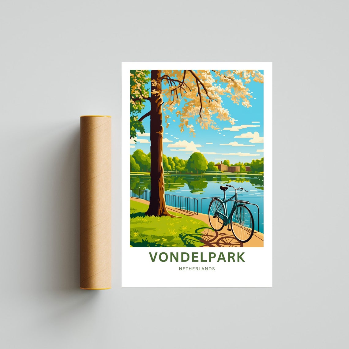 Vondelpark Netherlands Bicycle Lakeside Spring Blossom Travel Poster - Image 4