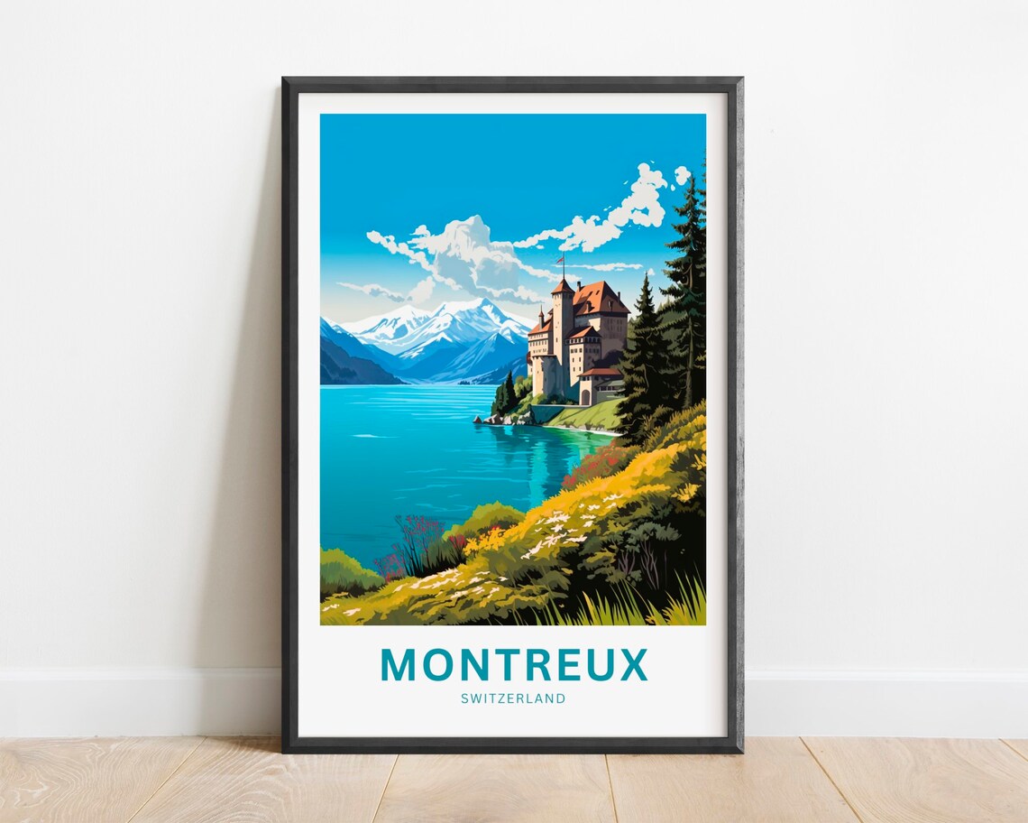 Montreux Switzerland Lakeside Castle Mountains Vintage Travel Poster