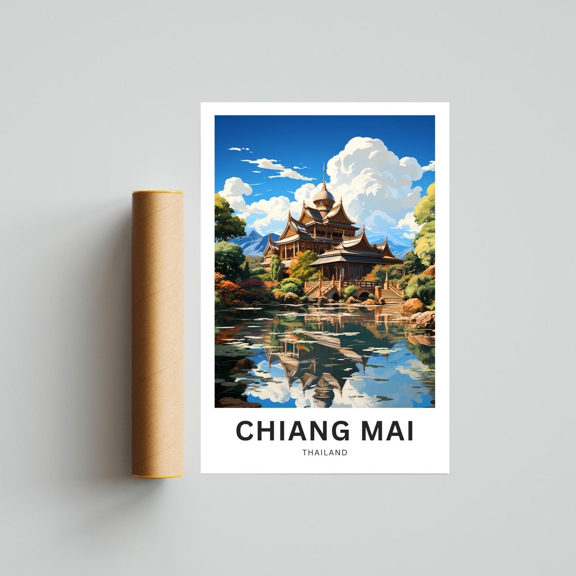 Chiang Mai Thailand Temple Lake Reflection Gardens Travel Poster - Image 4
