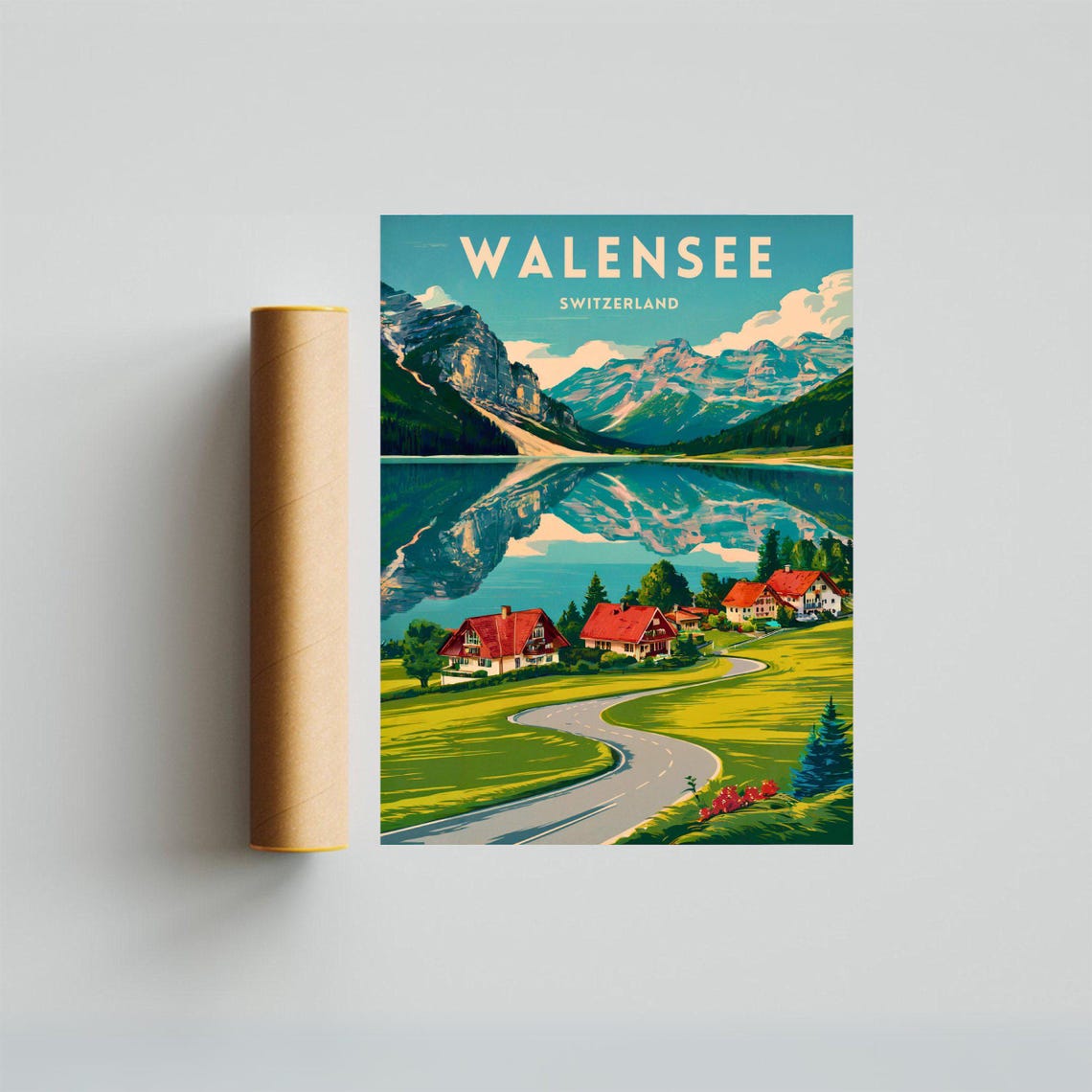 Walensee Switzerland Mirror Lake Chalets Mountain View Poster - Image 3