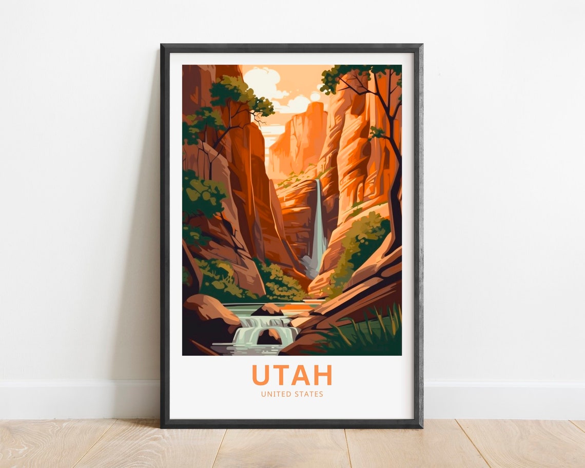 Utah United States Travel Poster Canyon Waterfall Desert Oasis Art