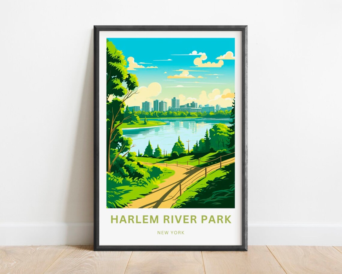 Harlem River Park New York Green Trail River Skyline Travel Poster