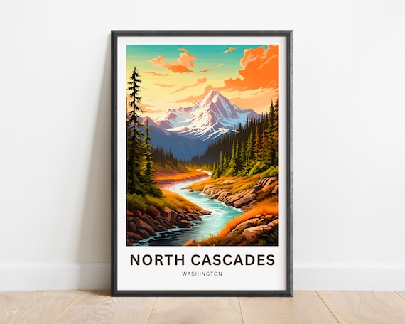 North Cascades Washington Sunset River Valley Retro Mountain Poster