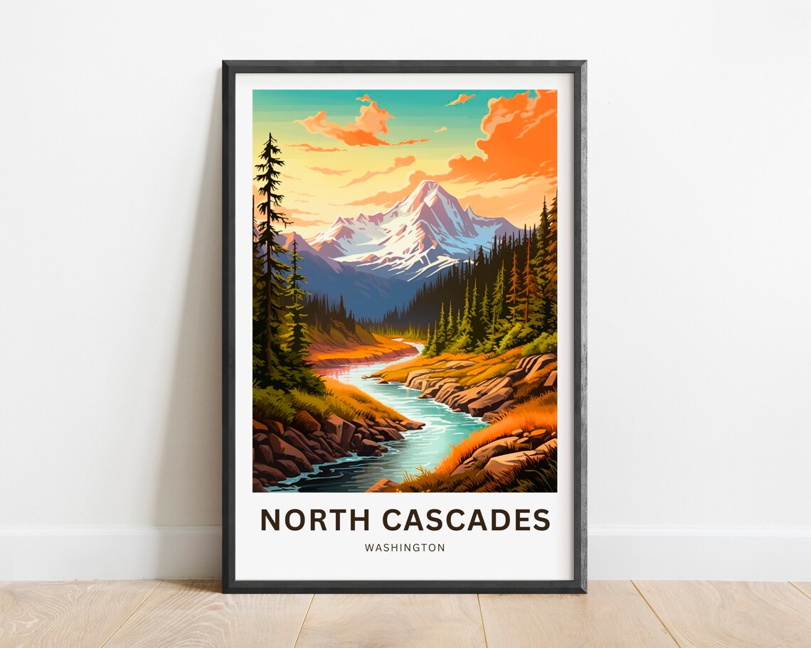 North Cascades Washington Sunset River Valley Retro Mountain Poster