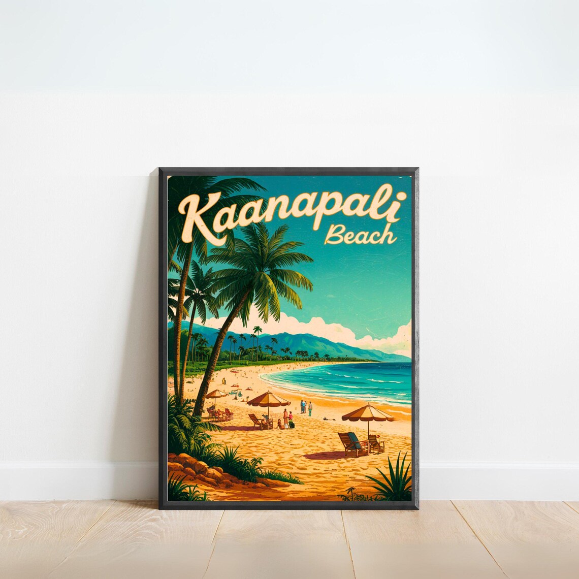 Kaanapali Beach Hawaii Palm Shore Umbrellas Vintage Travel Poster - Image 5