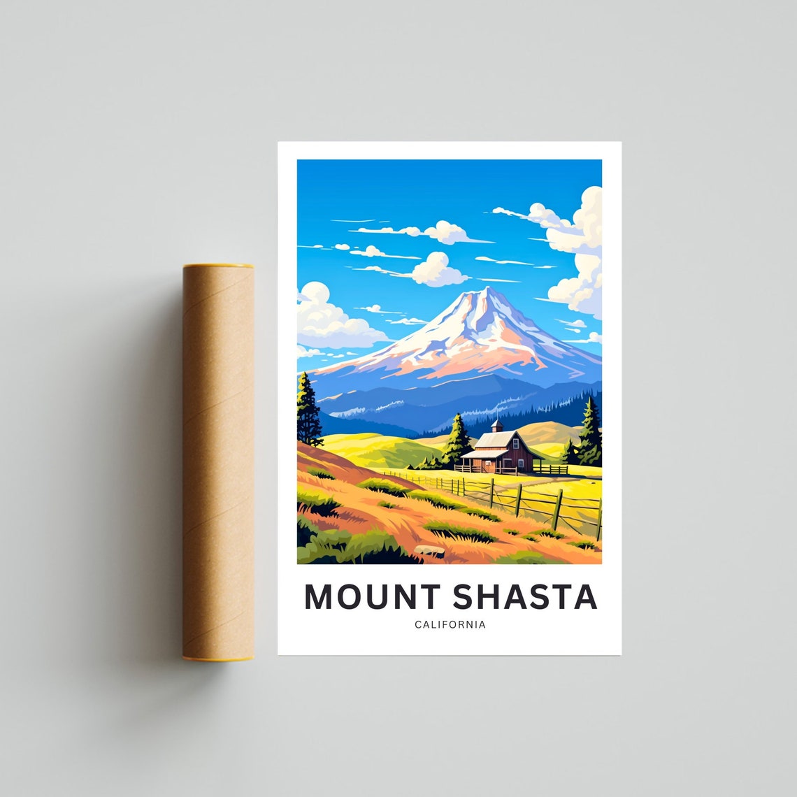 Personalized Mount Shasta California Snowy Peak and Red Barn Poster - Image 4