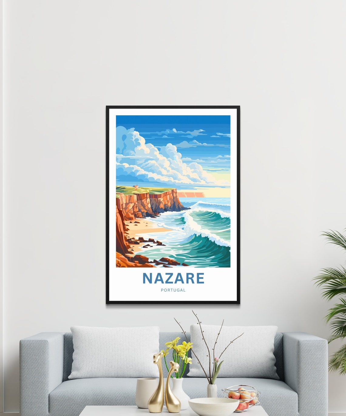 Nazare Portugal Red Cliffs Turquoise Wave Coast Scene Poster - Image 3