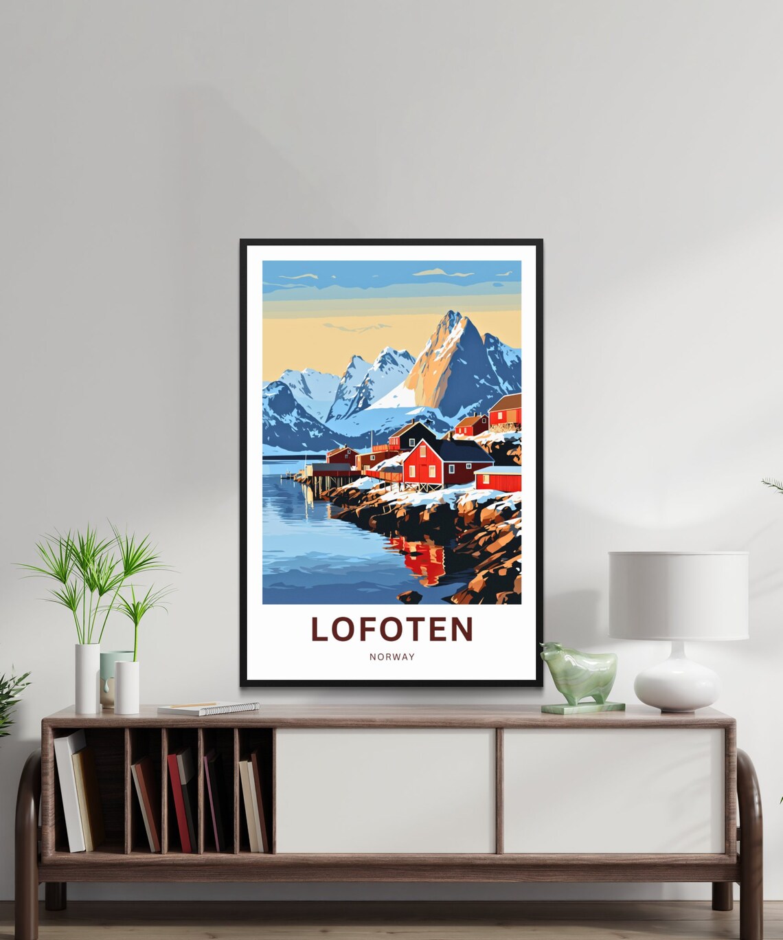 Lofoten Norway Custom Text Red Cabins Fjord Snowy Peaks Travel Poster - Image 2