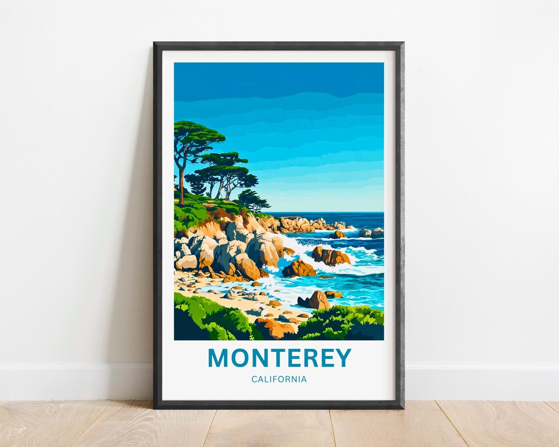 Monterey California Rocky Shore Cypress Waves Vintage Travel Poster