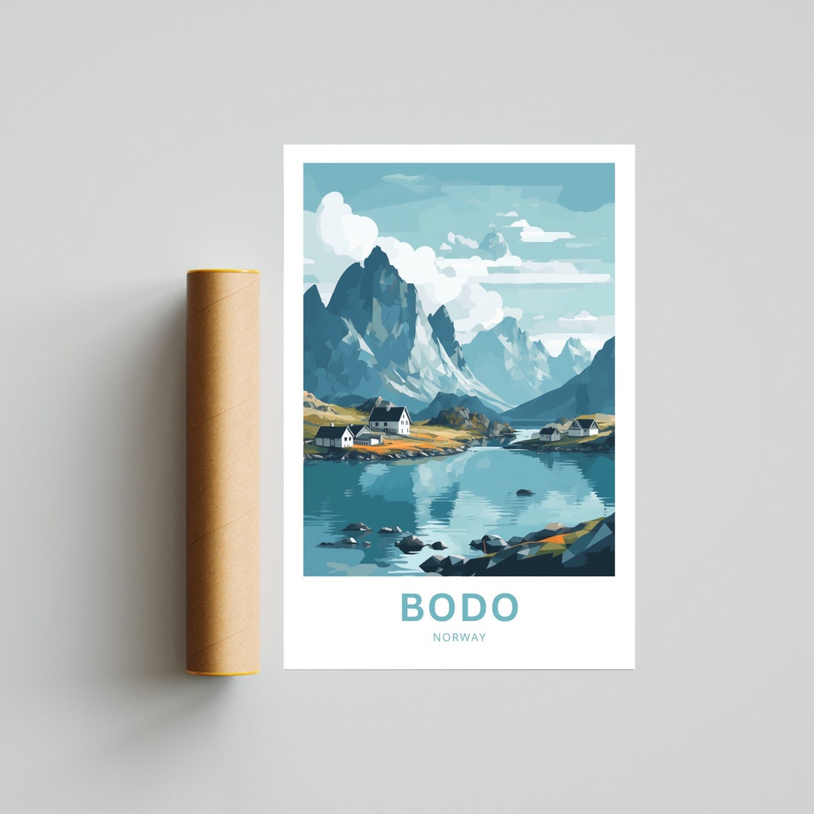 Bodo Norway Arctic Lakeside Cabins Rugged Mountain Travel Poster - Image 4