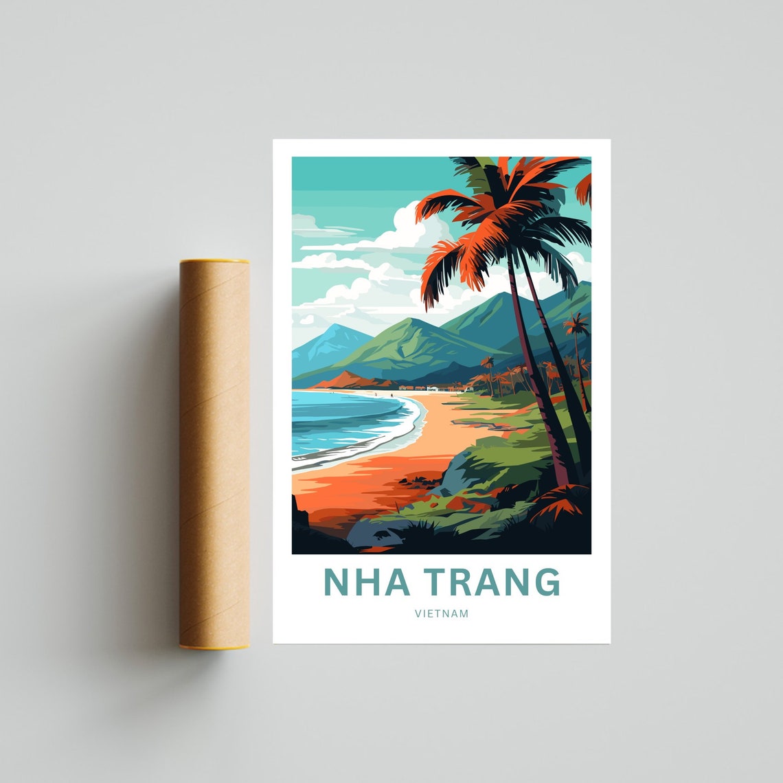Nha Trang Vietnam Tropical Beach Palm Trees Mountains Poster - Image 4