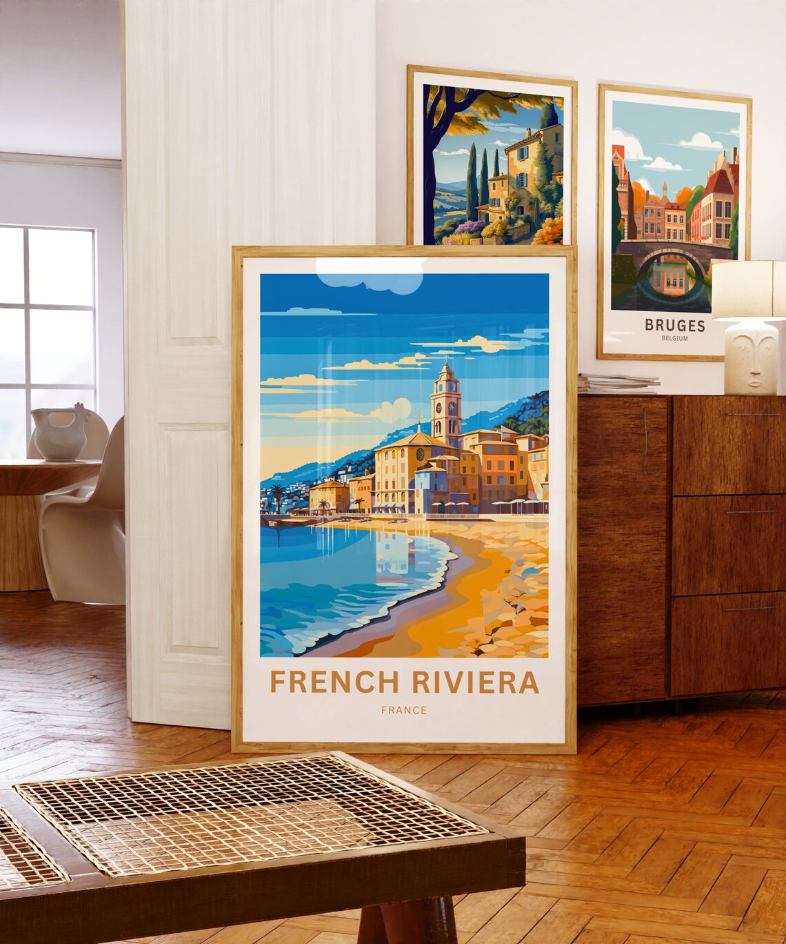 French Riviera France Travel Poster Golden Beach Clock Tower Town Art - Image 5
