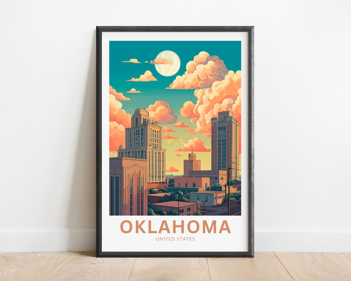 Oklahoma Skyline Under Full Moon Sunset Vintage Travel Poster