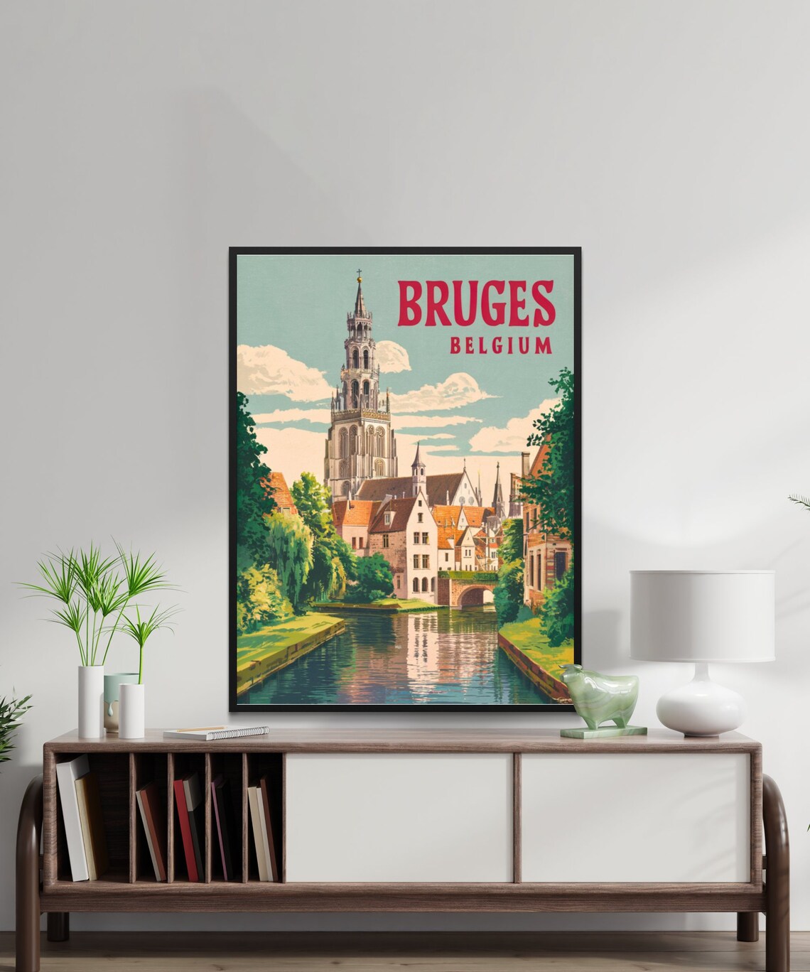 Bruges Belgium Canal Church Tower Green Riverside Poster Art - Image 2