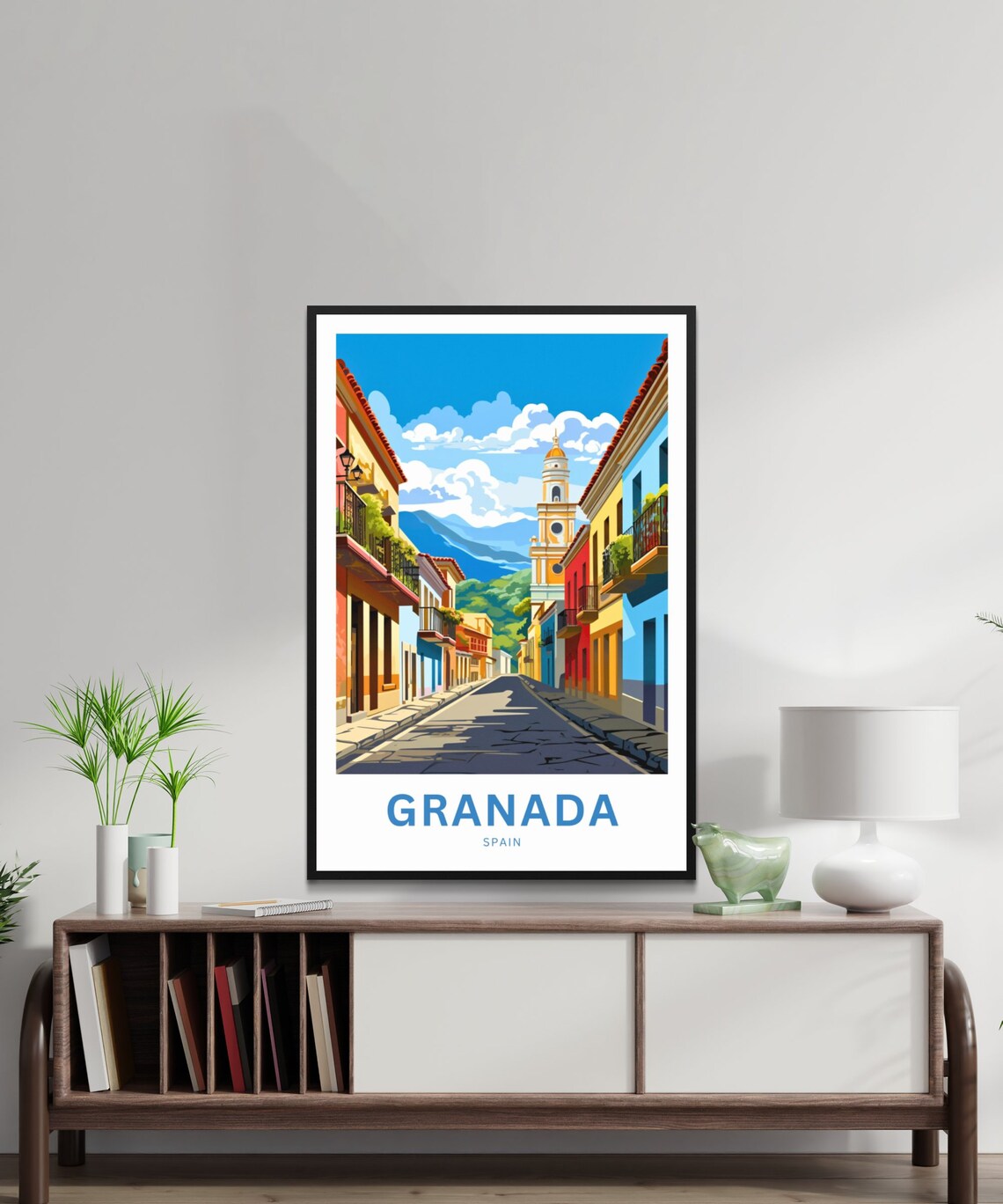 Granada Spain Colorful Old Street Bell Tower Mountains Travel Poster - Image 2