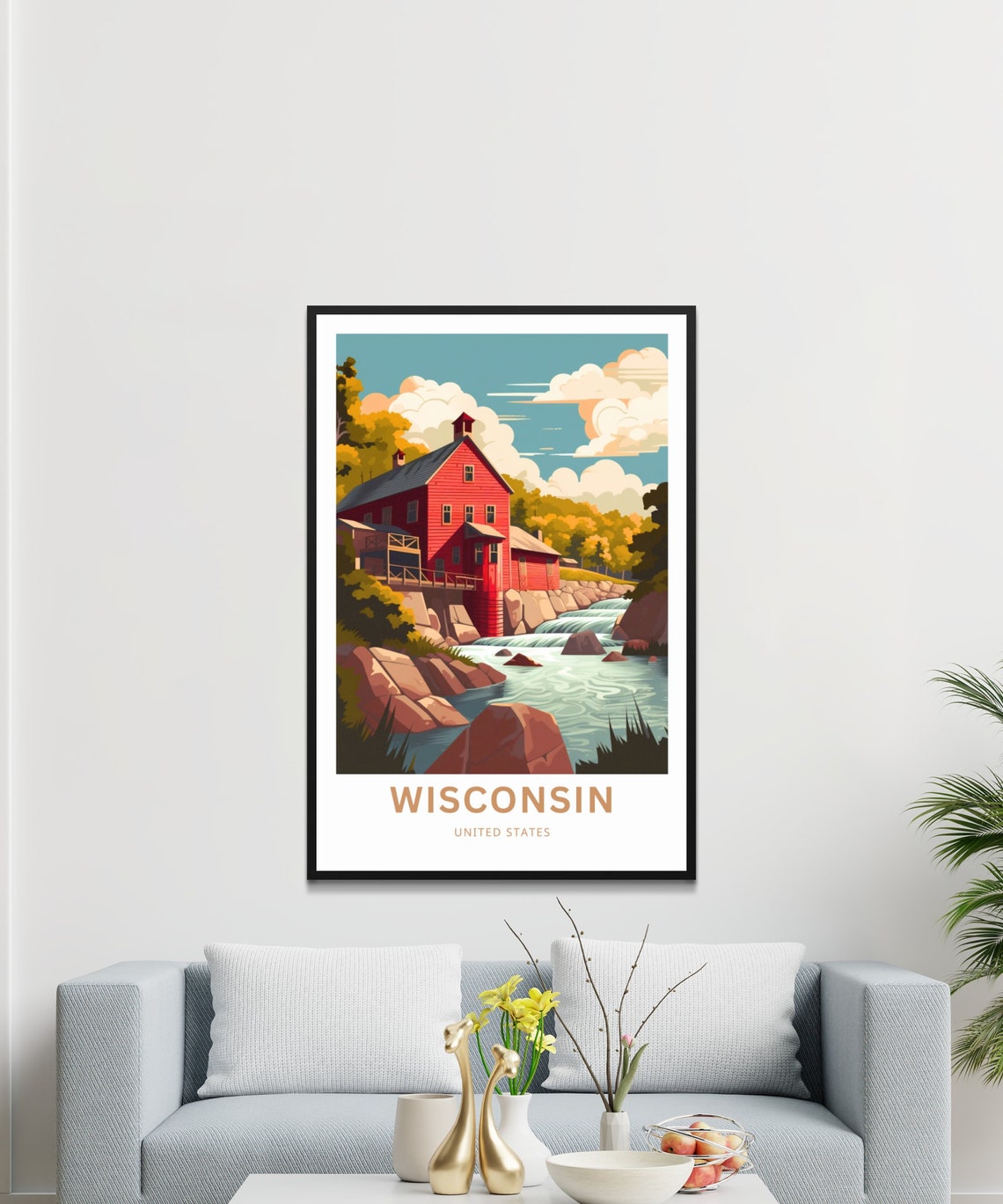 Wisconsin United States Historic Red Mill River Rapids Travel Poster - Image 3