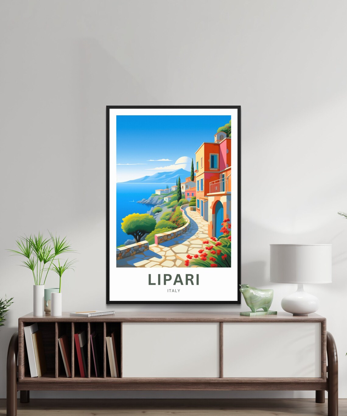 Lipari Italy Coastal Path Colorful Houses Illustrated Travel Poster - Image 2