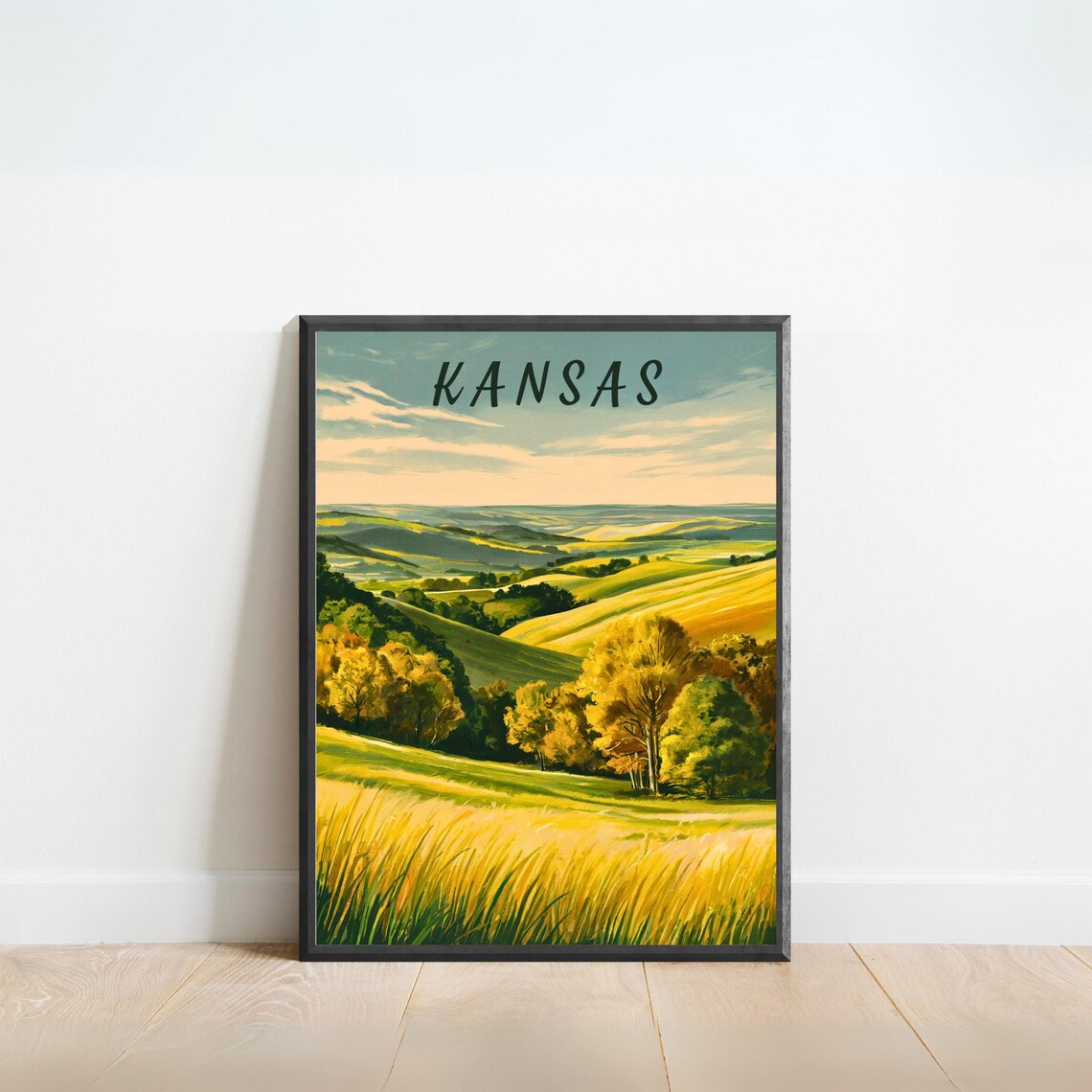 Kansas Golden Prairie Rolling Hills Vintage Travel Art Poster