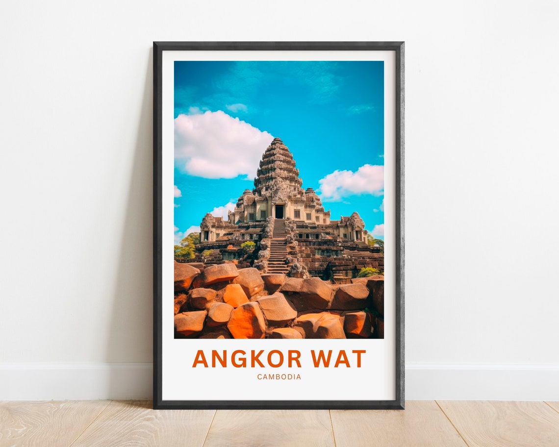 Angkor Wat Cambodia Travel Poster Ancient Temple Stone Steps Art