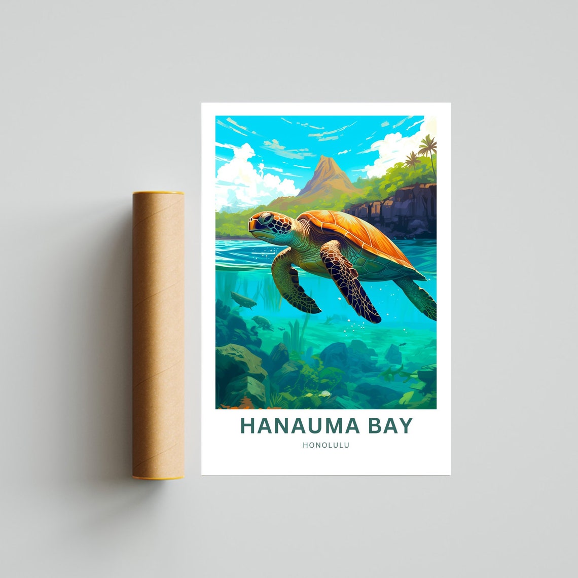 Hanauma Bay Honolulu Sea Turtle Reef Ocean Travel Illustration Poster - Image 4