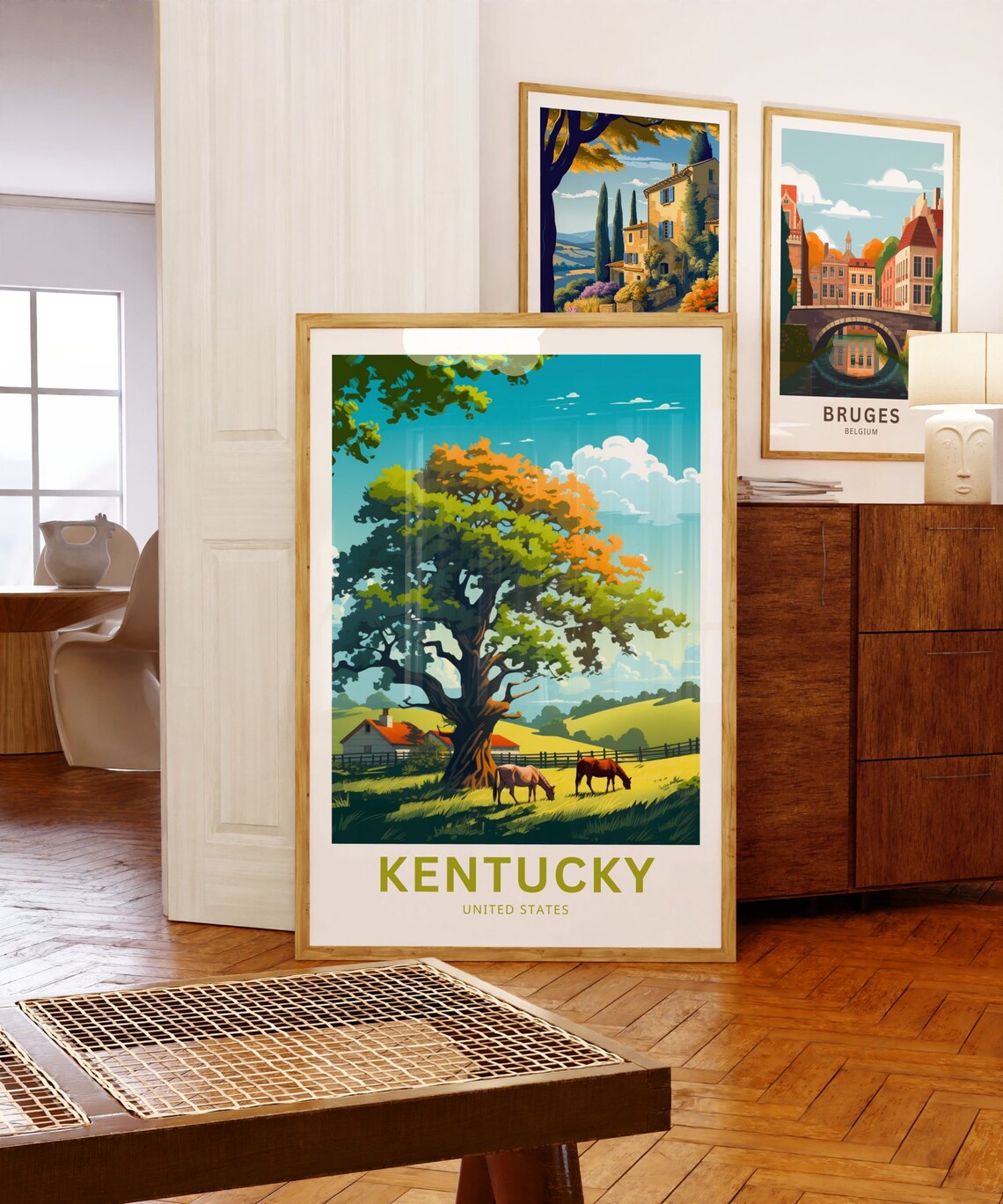 Kentucky Horse Farm with Grand Oak Tree Pasture Scene Travel Poster - Image 5
