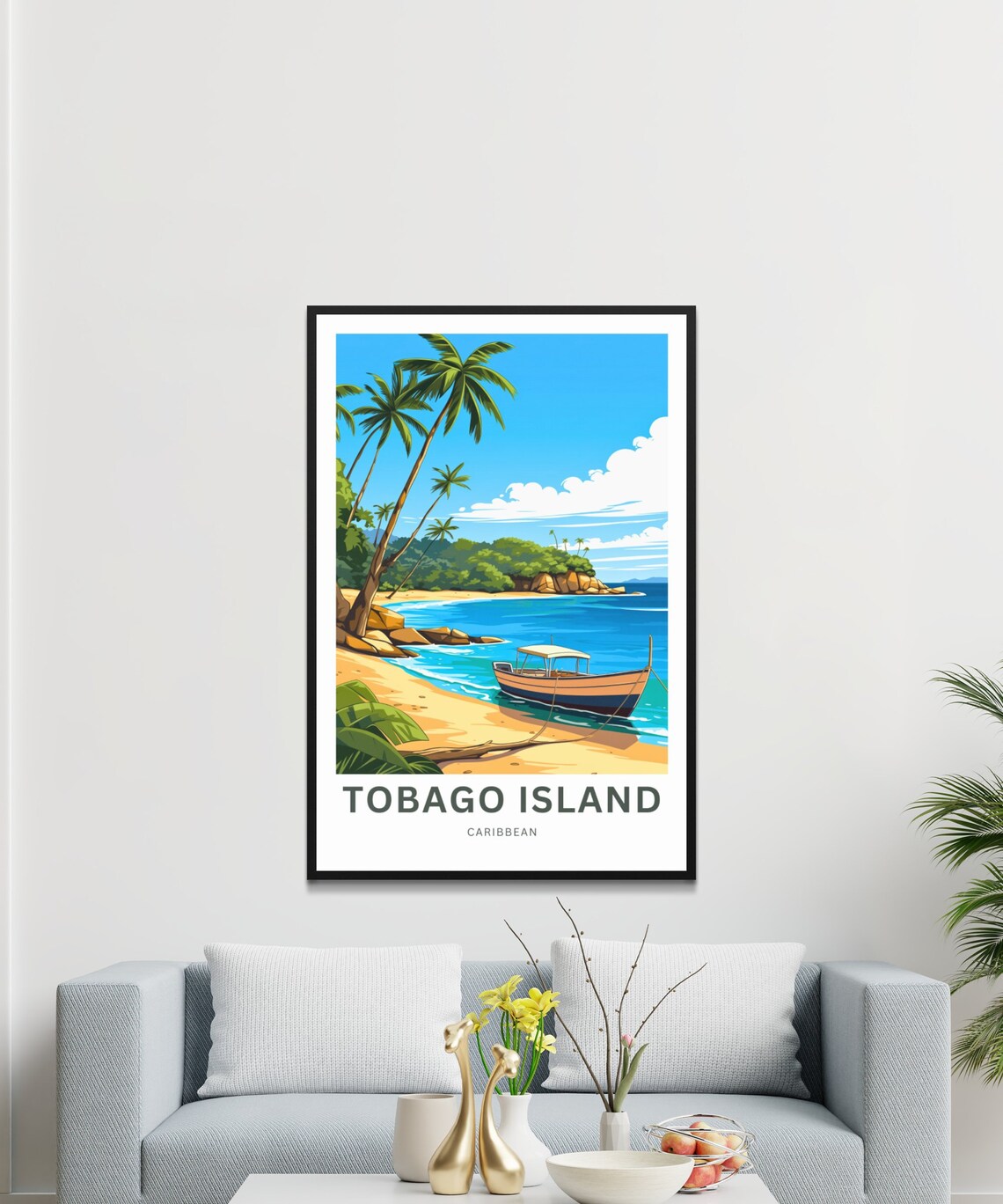 Tobago Island Caribbean Fishing Boat on Sandy Shore Travel Poster - Image 3
