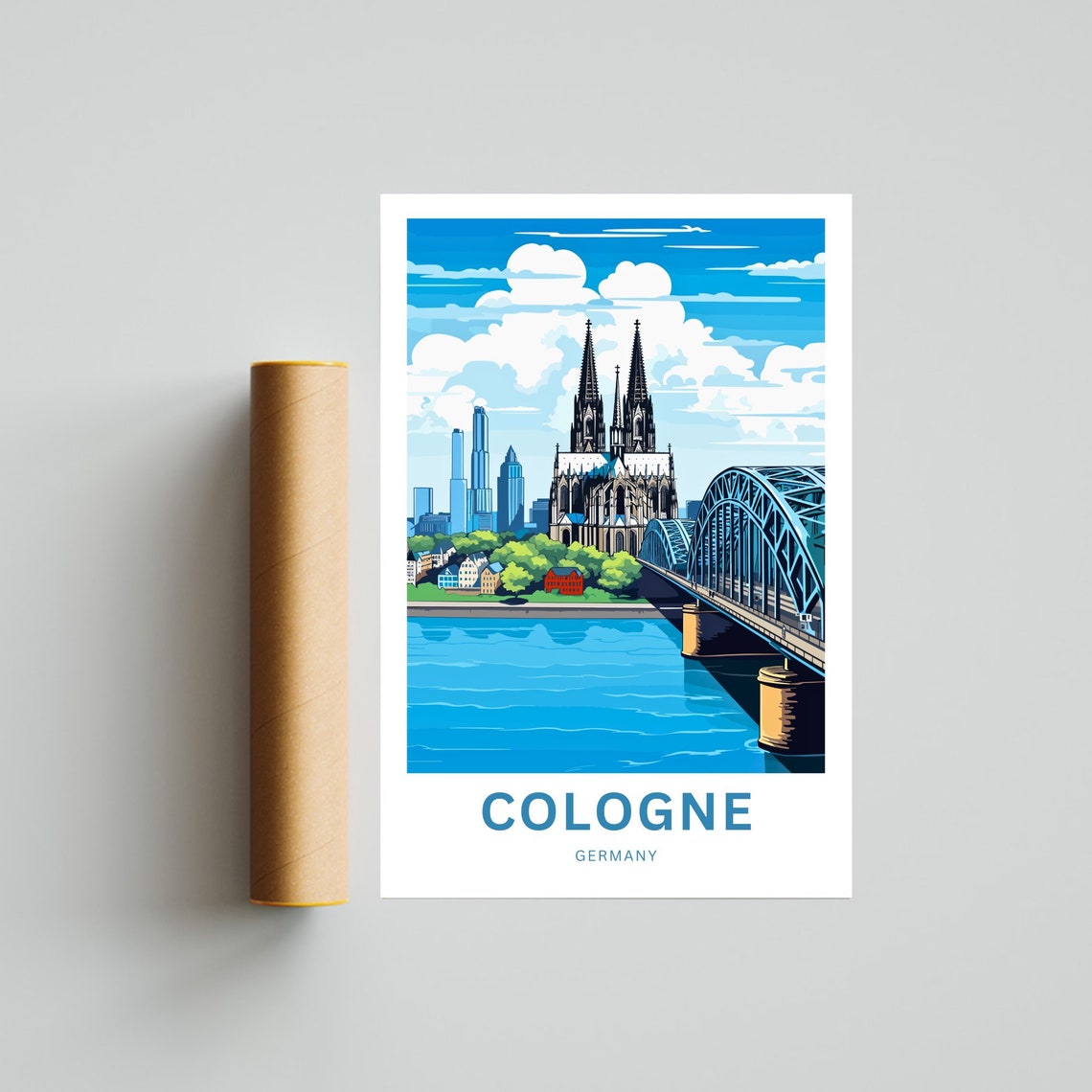 Cologne Germany Cathedral Bridge Bright Blue Sky View Poster - Image 4