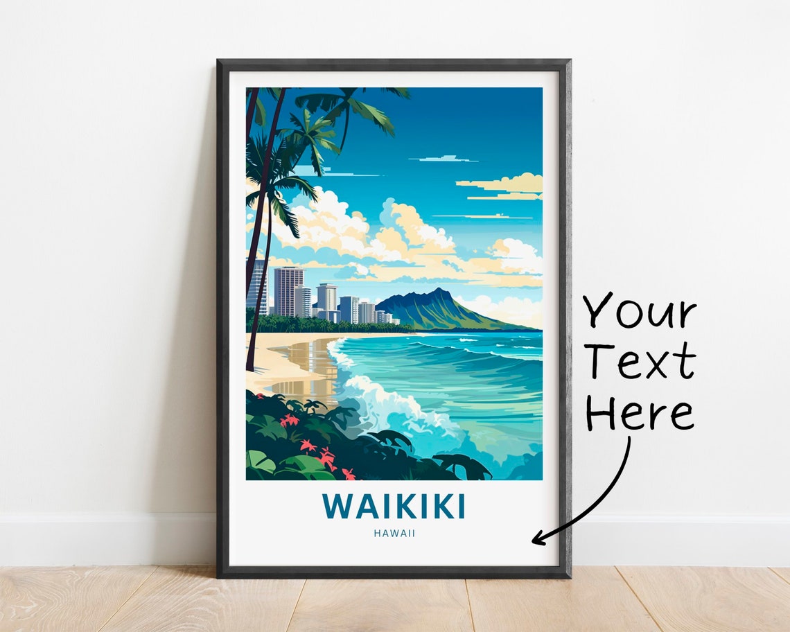 Waikiki Hawaii Diamond Head Beach Skyline Custom Travel Poster