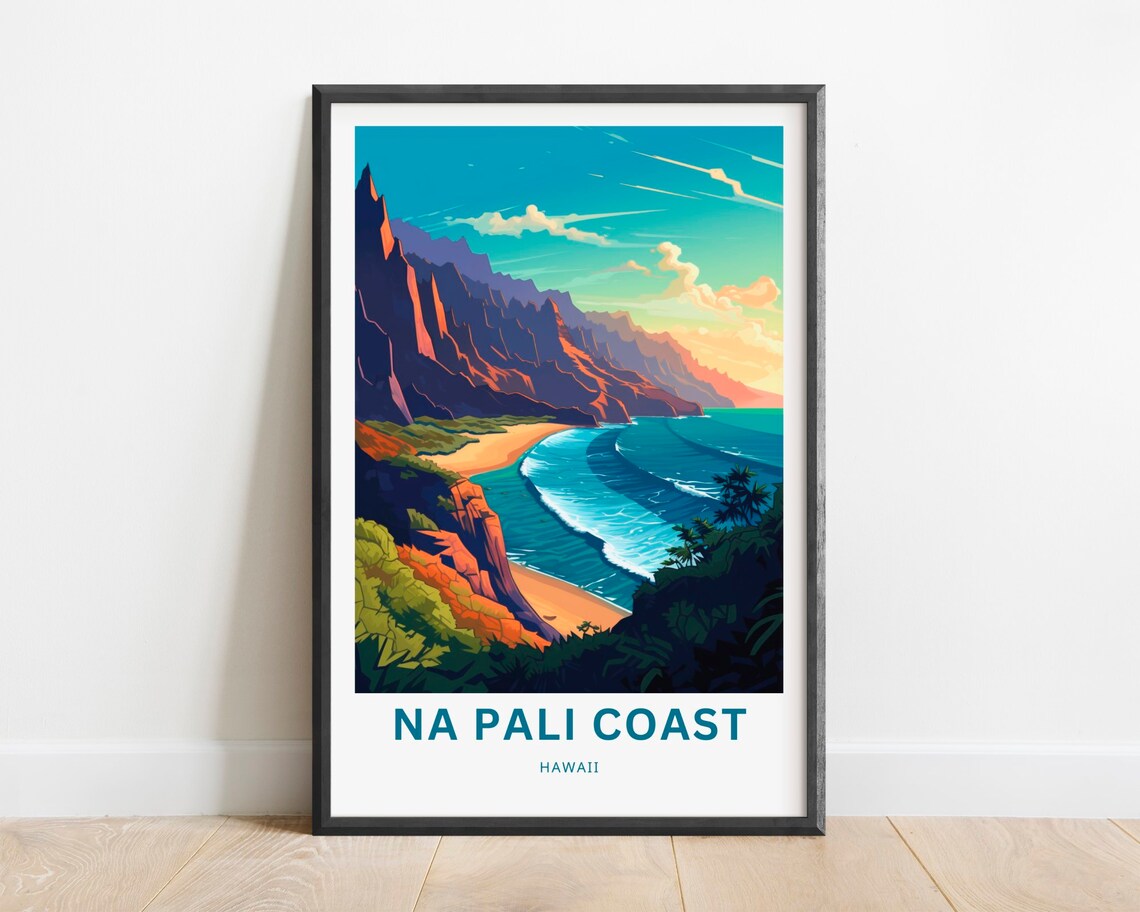 Na Pali Coast Hawaii Sea Cliffs Cove Turquoise Waves Travel Poster