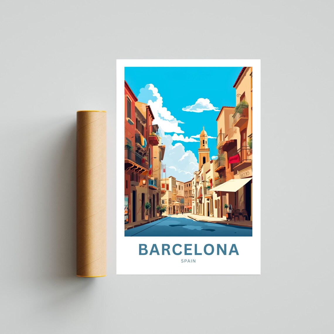 Barcelona Spain Colorful Old Town Street with Church Tower Poster - Image 4