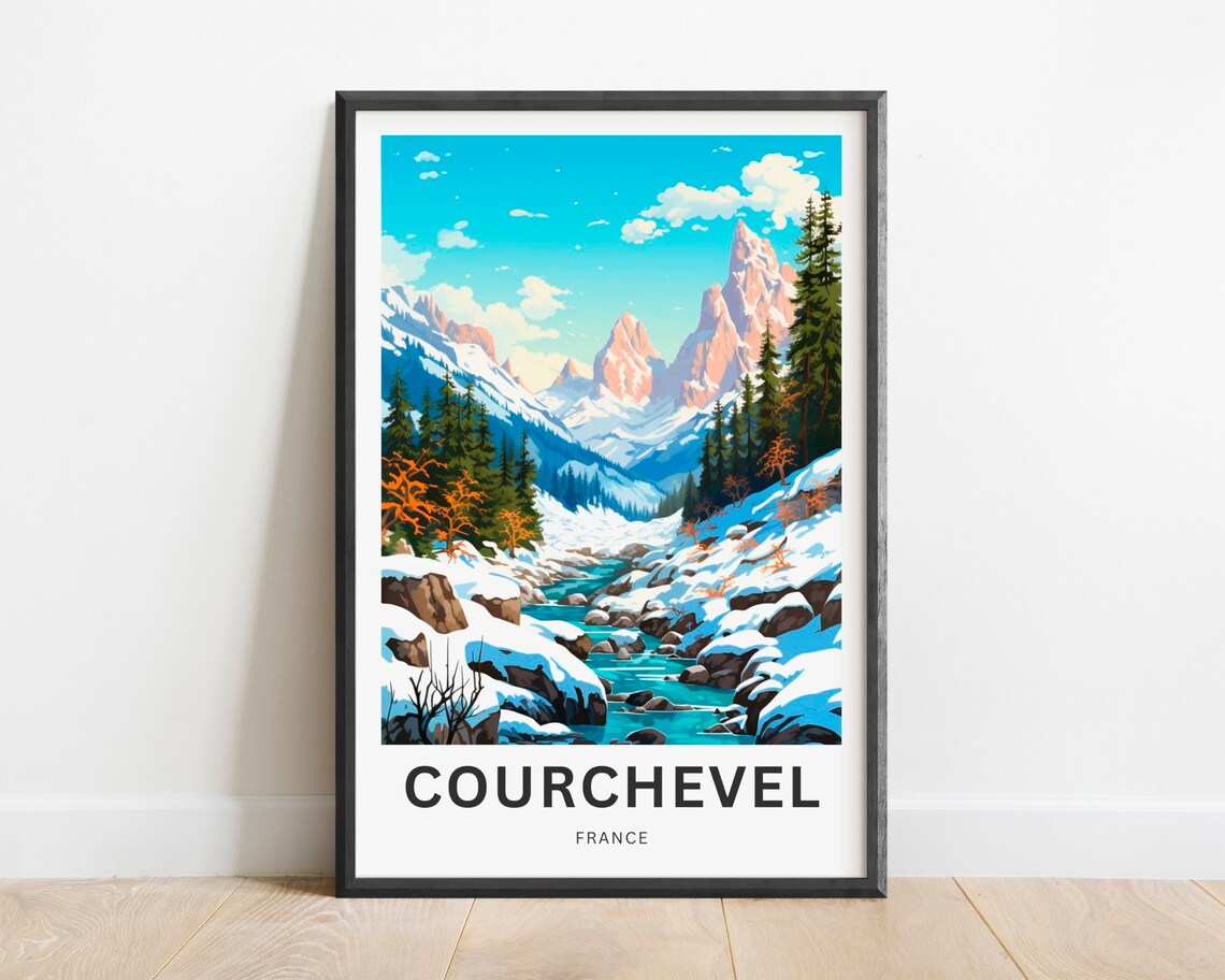 Courchevel France Winter Mountain Stream Vintage Travel Poster