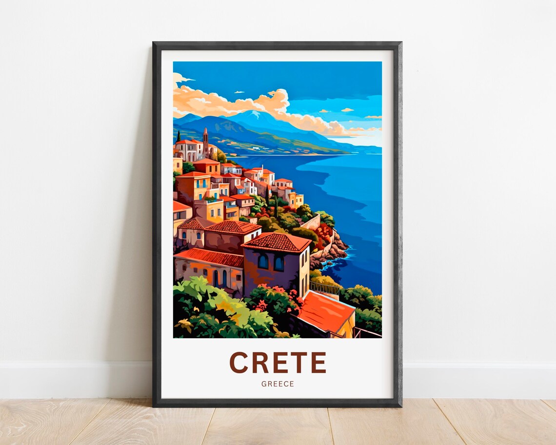 Crete Greece Red Roof Village Island Cliffs Sea Travel Poster