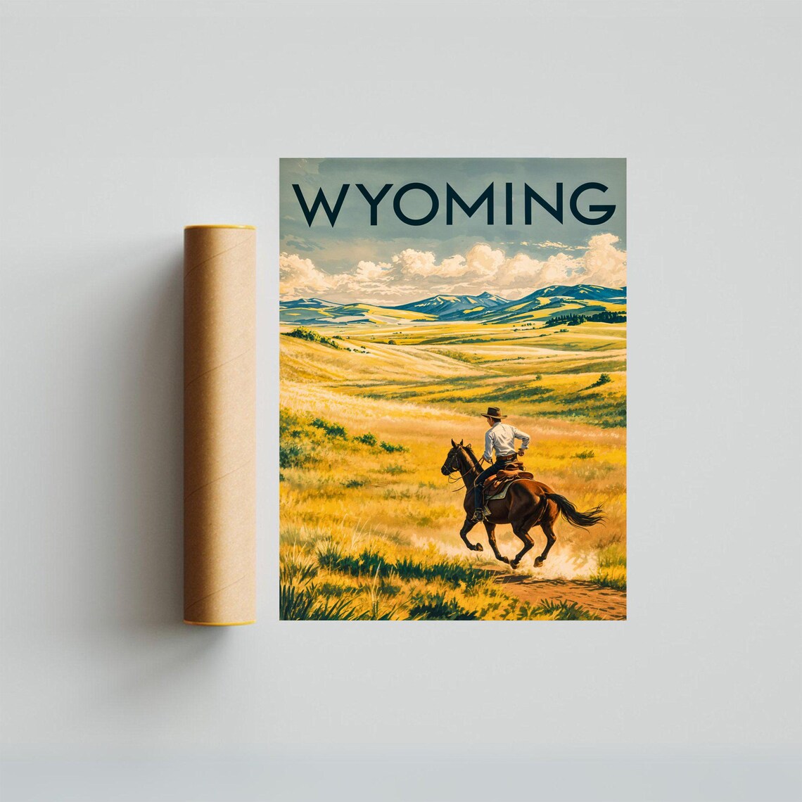 Wyoming Vintage Cowboy on Horseback Golden Plains Scene Travel Poster - Image 4