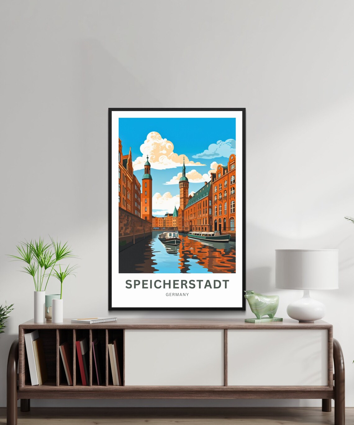 Speicherstadt Germany Canal Boats Red Brick Quayside Travel Poster - Image 3