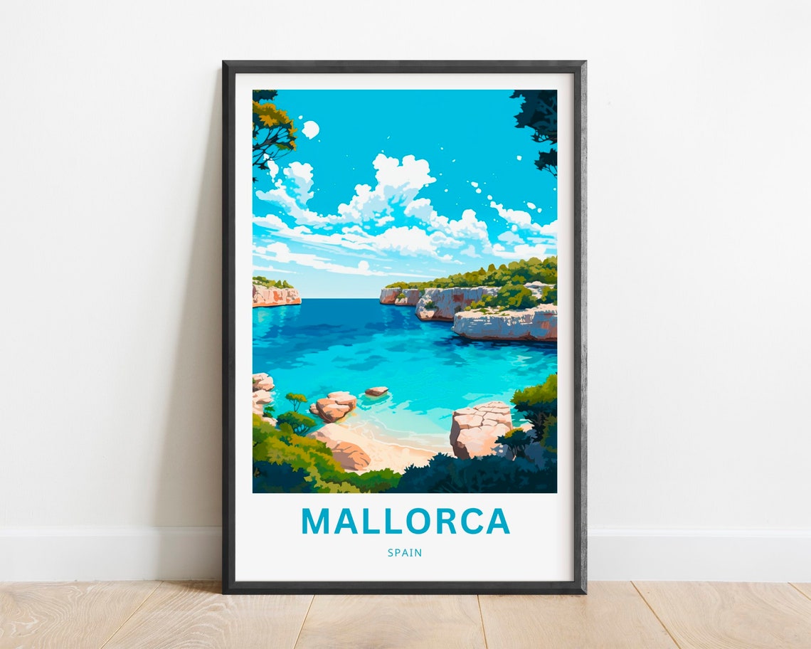 Mallorca Spain Turquoise Cove Rocky Cliffs Mediterranean Travel Poster