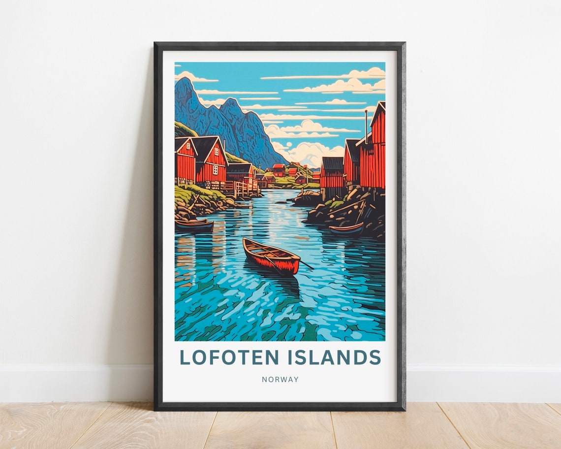 Lofoten Islands Norway Red Cabins Fjord Boat Vintage Travel Poster