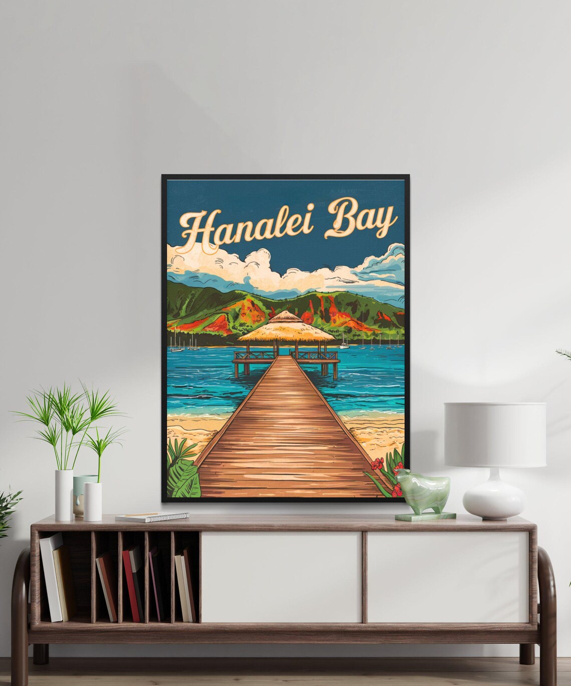 Hanalei Bay Hawaii Pier Sunset Sailboat Vintage Travel Poster - Image 3
