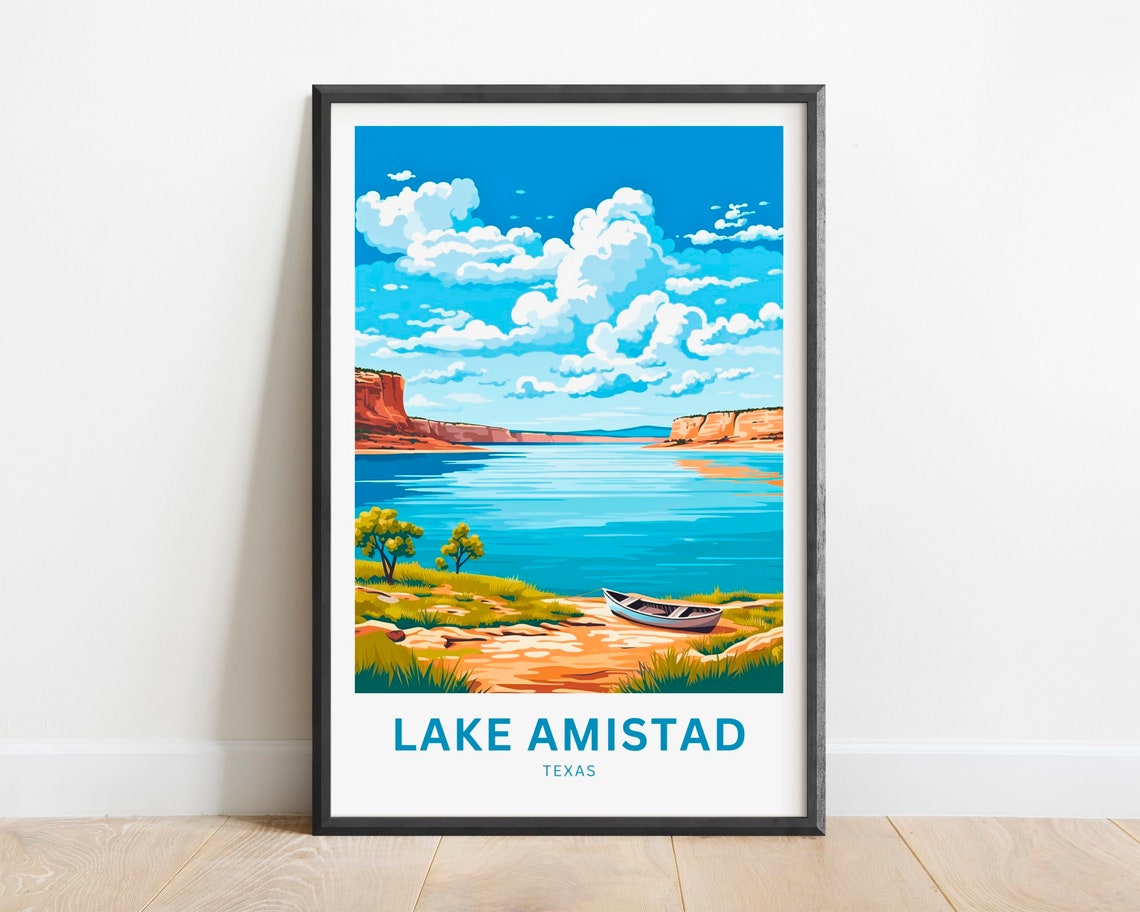 Lake Amistad Texas Lonely Rowboat on Sandy Shore Lake Scene Poster
