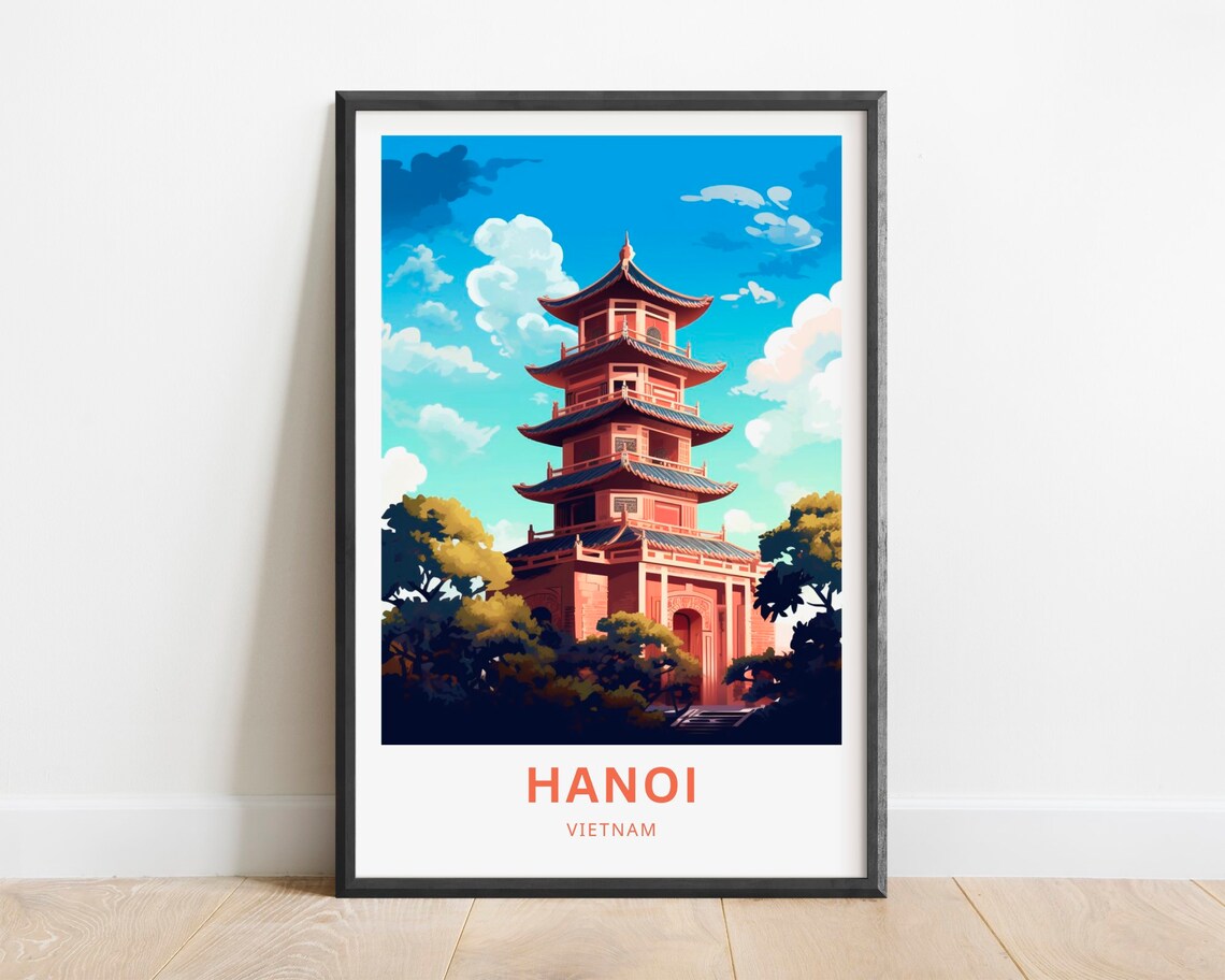 Hanoi Vietnam Red Tiered Pagoda Temple Golden Sky Travel Poster