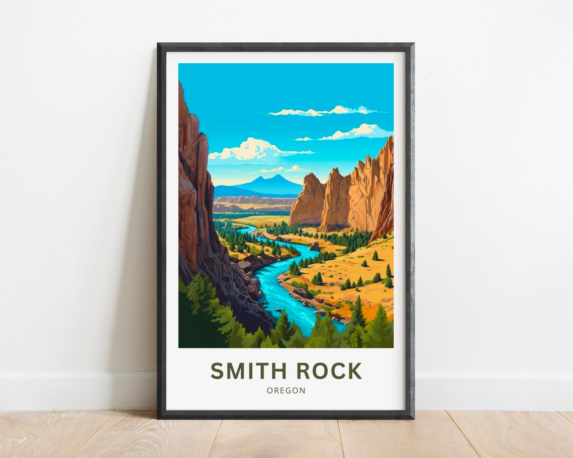Smith Rock Oregon Red Canyon River Cliffs Outdoor Travel Poster
