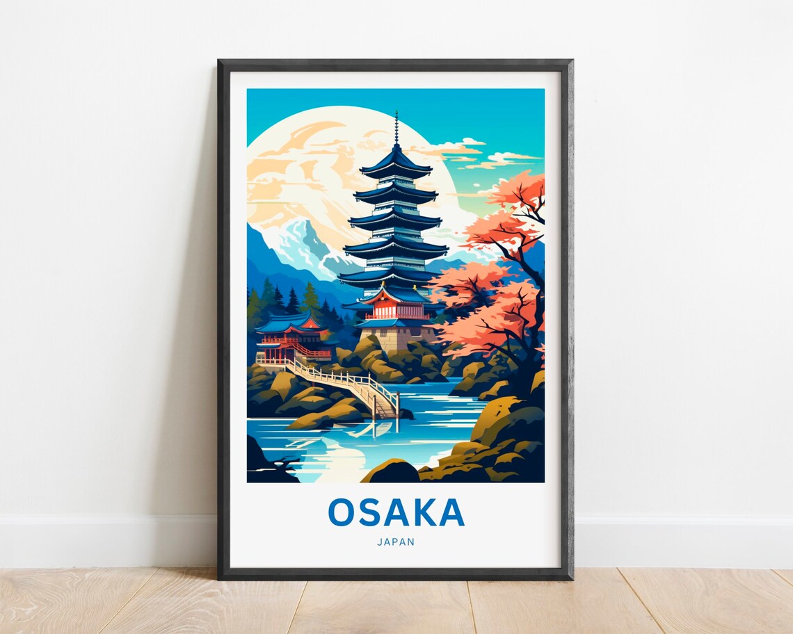 Osaka Japan Five Story Pagoda Cherry Blossom Moonlight Travel Poster