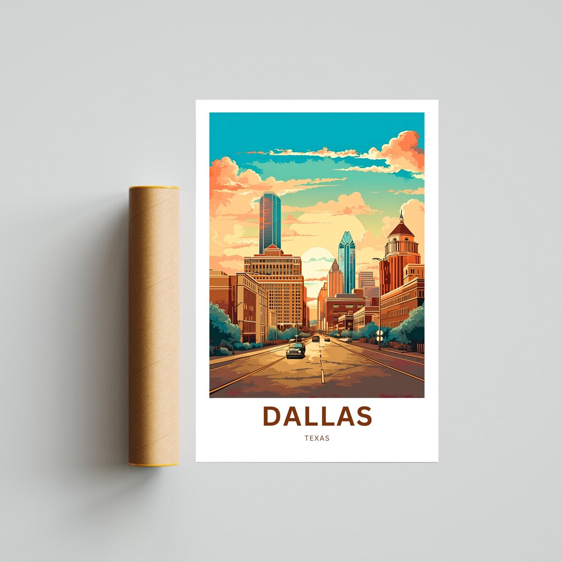 Dallas Texas Skyline Sunset Street Vintage Style Travel Poster - Image 4