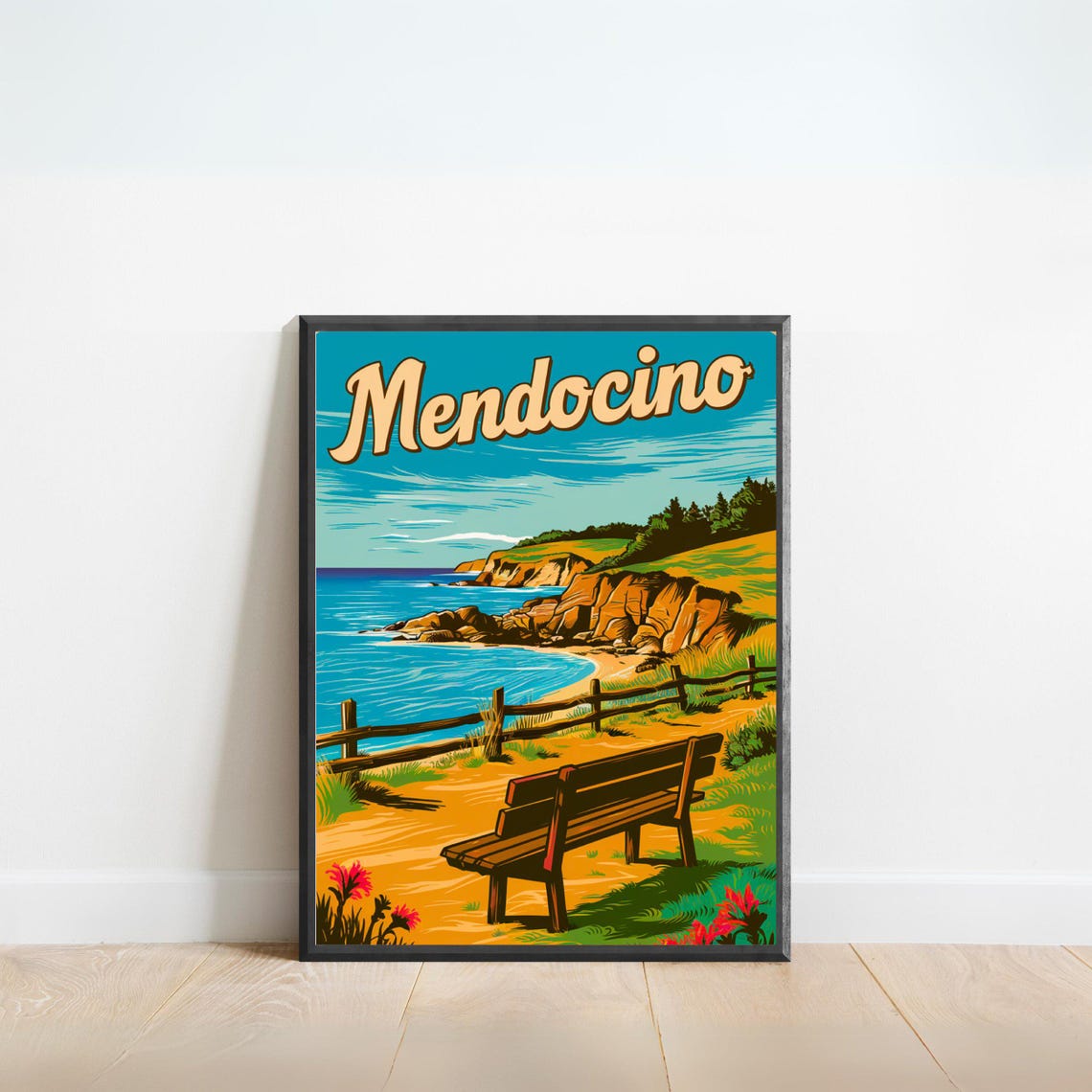 Mendocino Vintage Coastal Cliffs Ocean Bench View Travel Poster
