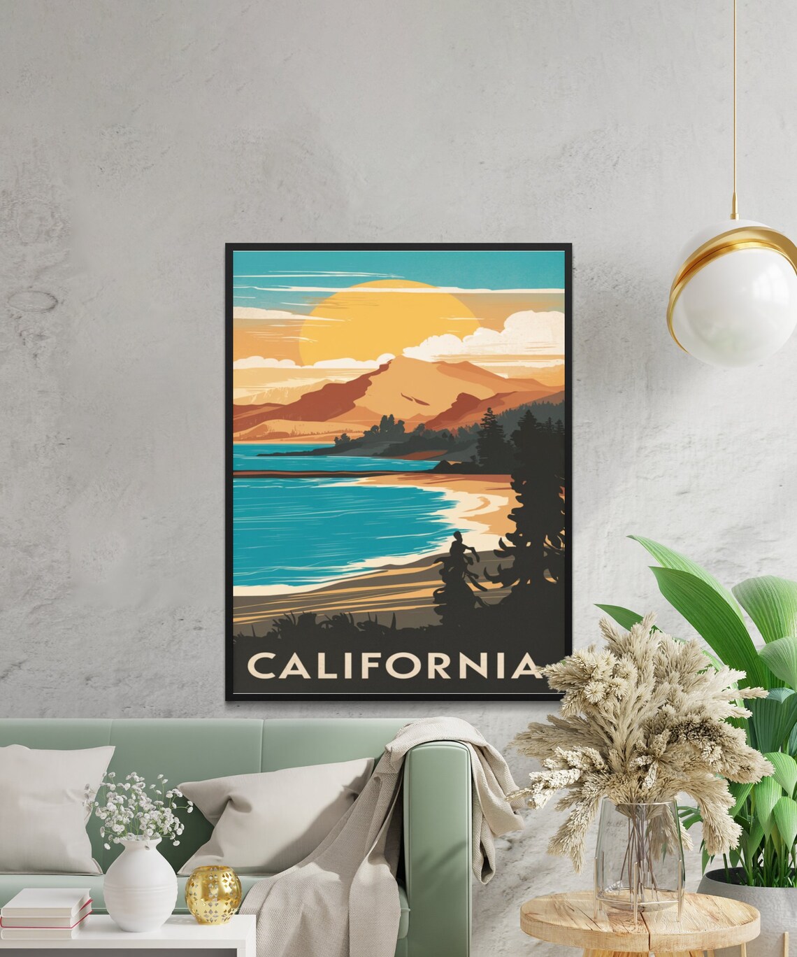 California Mountain Lake Sunset Silhouette Vintage Travel Poster - Image 2