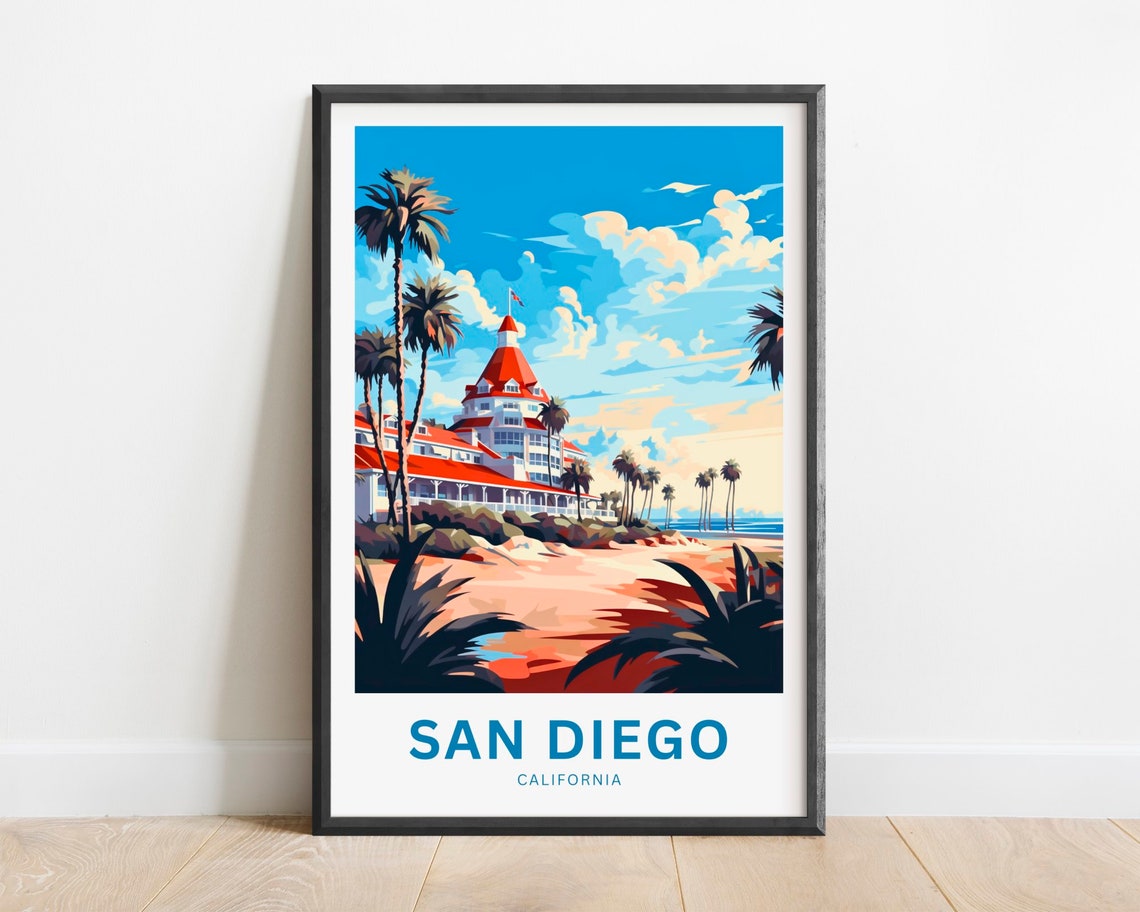 San Diego California Beachfront Hotel Palm Trees Sunset Travel Poster