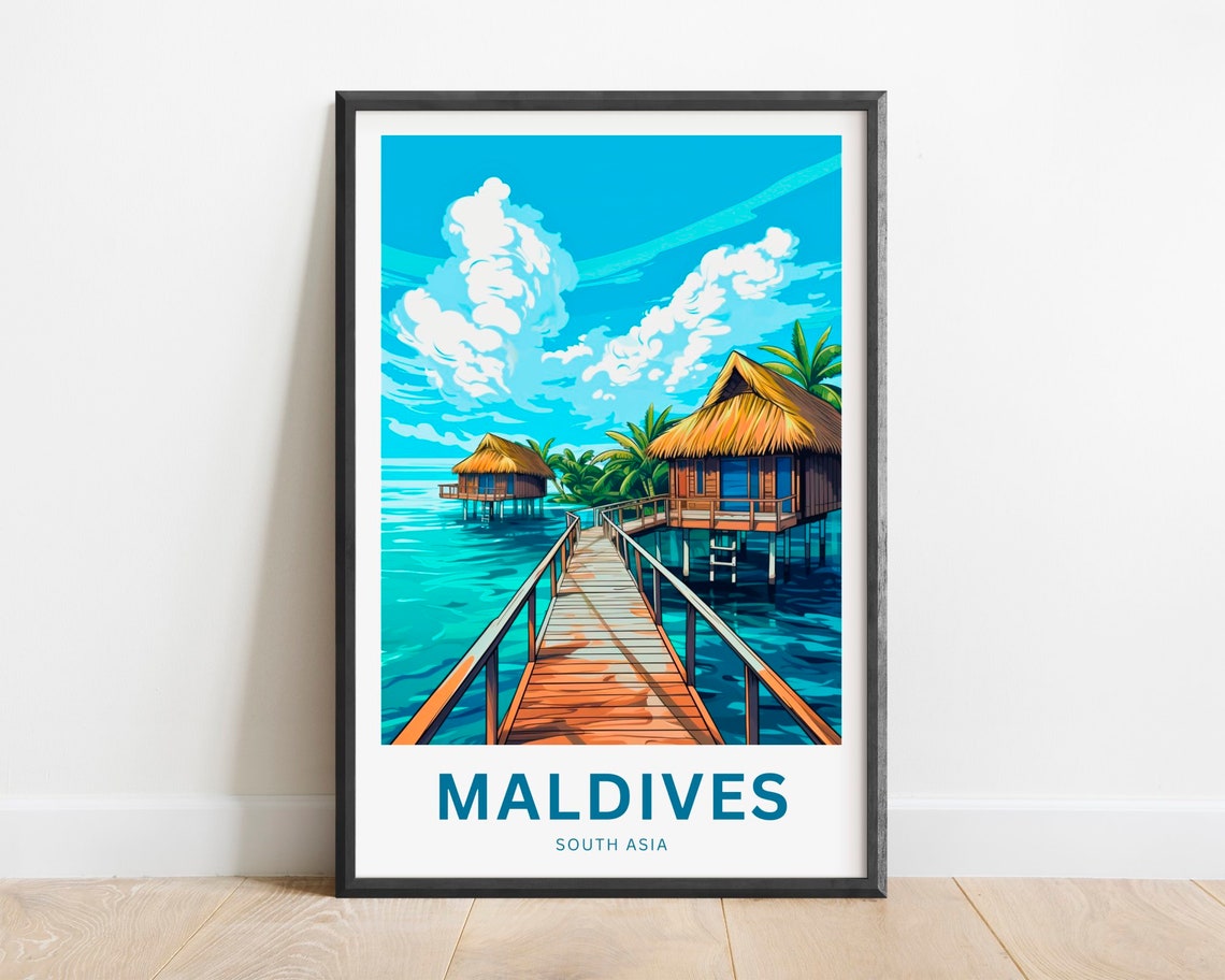 Maldives Boardwalk Between Bungalows Turquoise Ocean Travel Poster